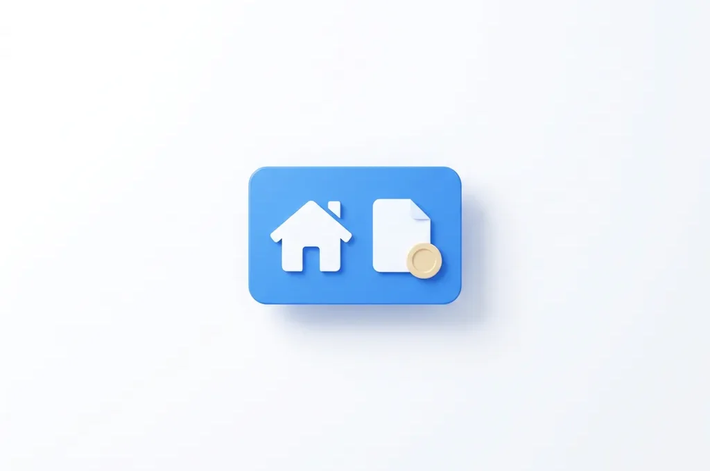 Blauw afgerond icoon met wit huis en document met gouden muntsymbool op witte achtergrond, moderne flat design stijl.