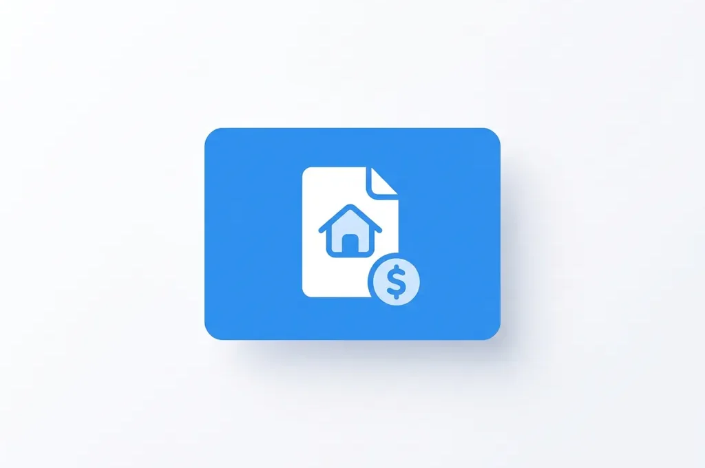Wit document-icoon met huis- en muntsymbool op witte achtergrond, moderne flat design stijl in blauw en wit.