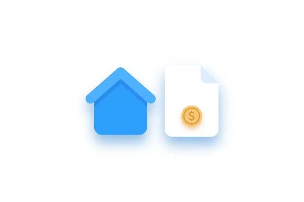 Blauw huis-icoon naast een documentkaart met gouden muntsymbool, moderne flat-style illustratie voor hypotheek of vastgoedbeheer.