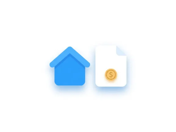Blauw huis-icoon naast een documentkaart met gouden muntsymbool, moderne flat-style illustratie voor hypotheek of vastgoedbeheer.