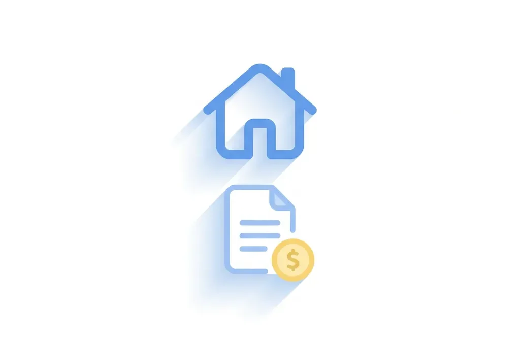 Blauw plat icoon van een huis met document en gele munt, moderne flat design stijl op witte achtergrond.