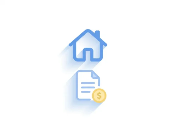Blauw plat icoon van een huis met document en gele munt, moderne flat design stijl op witte achtergrond.