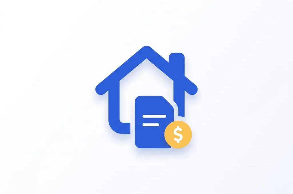 Blauw geometrisch huis-icoon met document en gele munt op witte achtergrond, plat digitaal ontwerp.