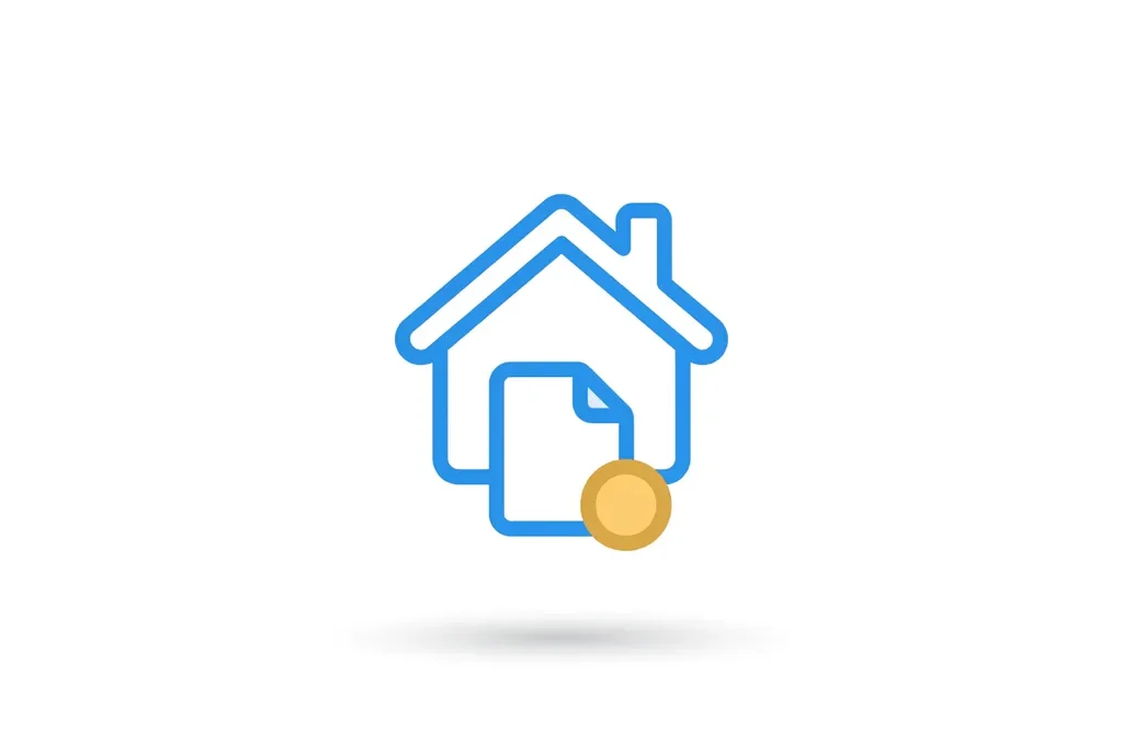 Blauw huis-icoon met document en gouden munt op witte achtergrond, minimalistisch flatlay ontwerp.