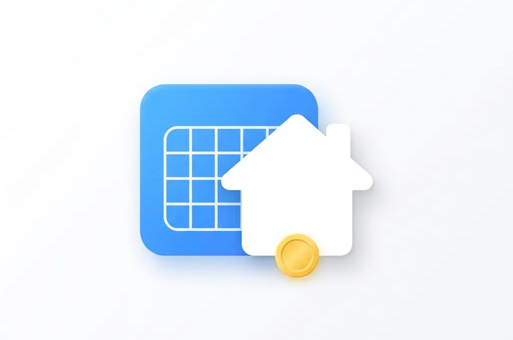 Blauwe kalenderkaart overlappend met wit huis-icoon en gouden munt, flat design illustratie voor hypotheek of huurplanning.