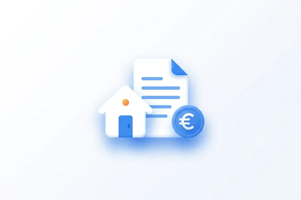 Minimalistisch flat design icoon van een wit huis, document en blauwe euromunt op witte achtergrond.