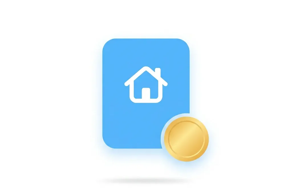 Plat icoon van blauw document met wit huis symbool en gouden munt op witte achtergrond, vastgoeddocumentatie concept.