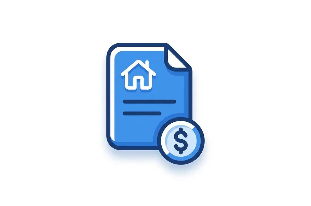 Blauw plat icoon van een document met huissymbool en munt, minimalistisch digitaal ontwerp op witte achtergrond.