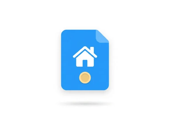 Blauw afgerond document-icoon met wit huis-symbool en gouden munt-accent op witte achtergrond.