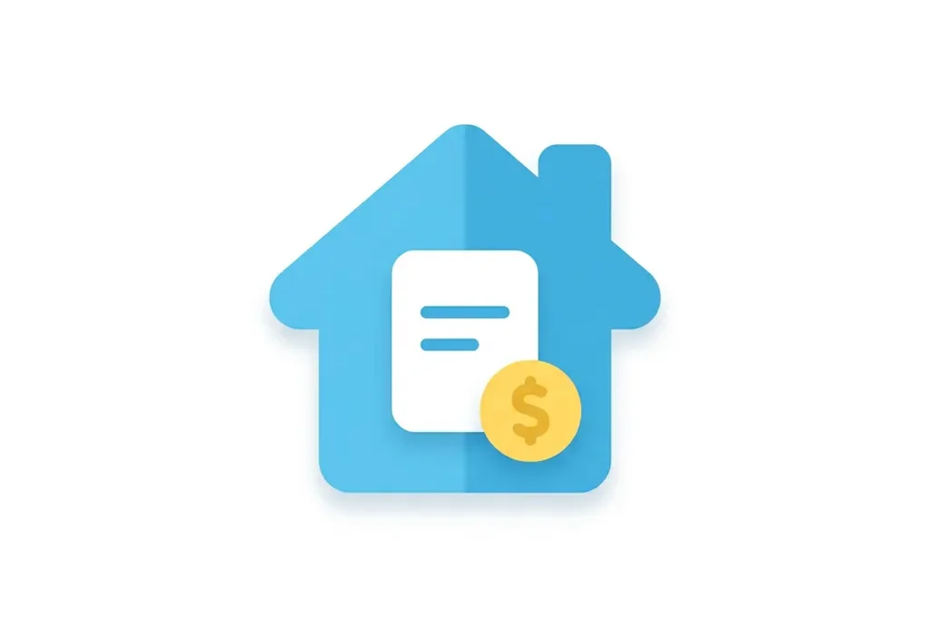 Blauw huis-icoon met documentoverlay en gele muntsymbool op witte achtergrond, moderne flat design SaaS-stijl.