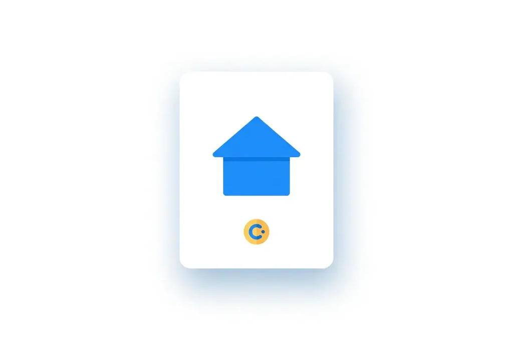 Minimalistisch flat design-icoon van een wit document met een geometrisch huissymbool en geel muntstuk, blauwe en witte tinten.