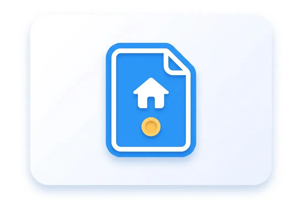 Flat digitale illustratie van een document met huis- en muntsymbool in blauw, wit en geel op witte achtergrond.