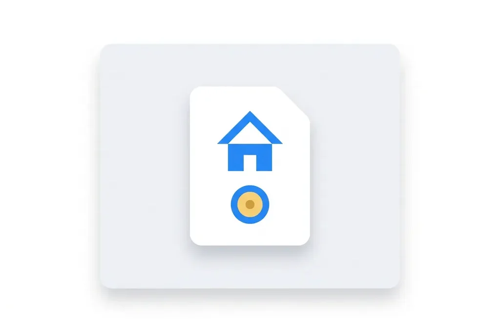 Minimalistisch flat design icoon van een wit document met een huissymbool en gouden munt op lichtgrijs kaartje.