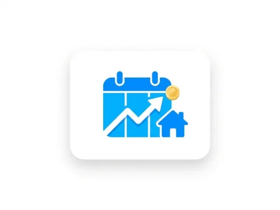Flat icoon van een kalender met stijgende boekingsgrafiek, minimalistisch huissilhouet en gouden munt, blauw-wit kleurenschema.