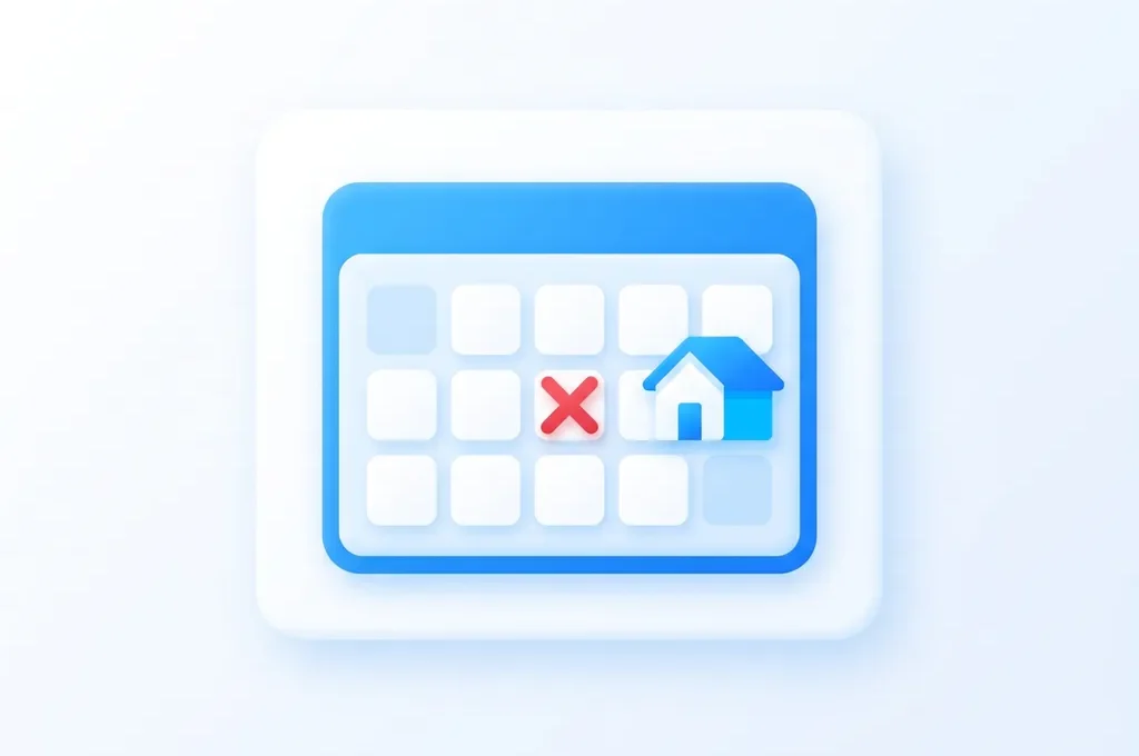 Kalender met rood kruis op datum en huis-icoon, illustratie over gemiste thuisaflevering of afspraak.