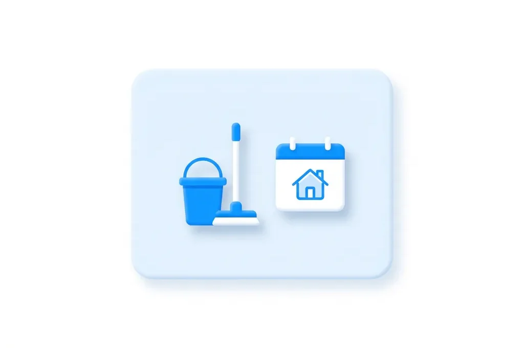 Platte illustratie van een dweil met emmer naast een kalender met huissymbool, in blauw en wit op witte achtergrond.