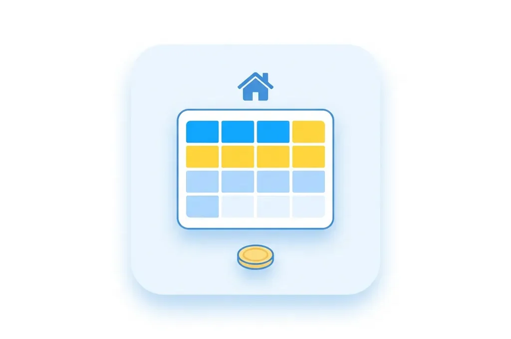 Flat icoon van kalender met zomer- en winterkleurblokken, huissilhouet en muntaccent op witte achtergrond.