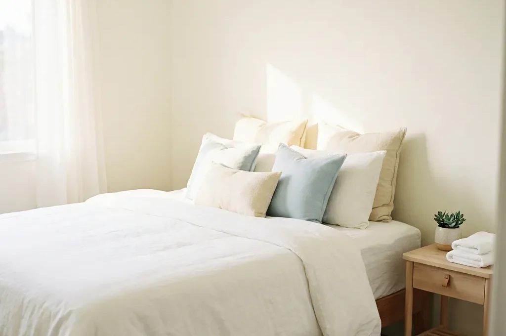 Opgemaakt bed met wit linnen en decoratieve kussens in minimalistische slaapkamer, nachtkastje met plant en handdoeken, zacht natuurlijk licht.