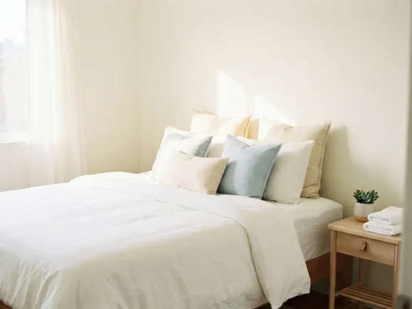 Opgemaakt bed met wit linnen en decoratieve kussens in minimalistische slaapkamer, nachtkastje met plant en handdoeken, zacht natuurlijk licht.