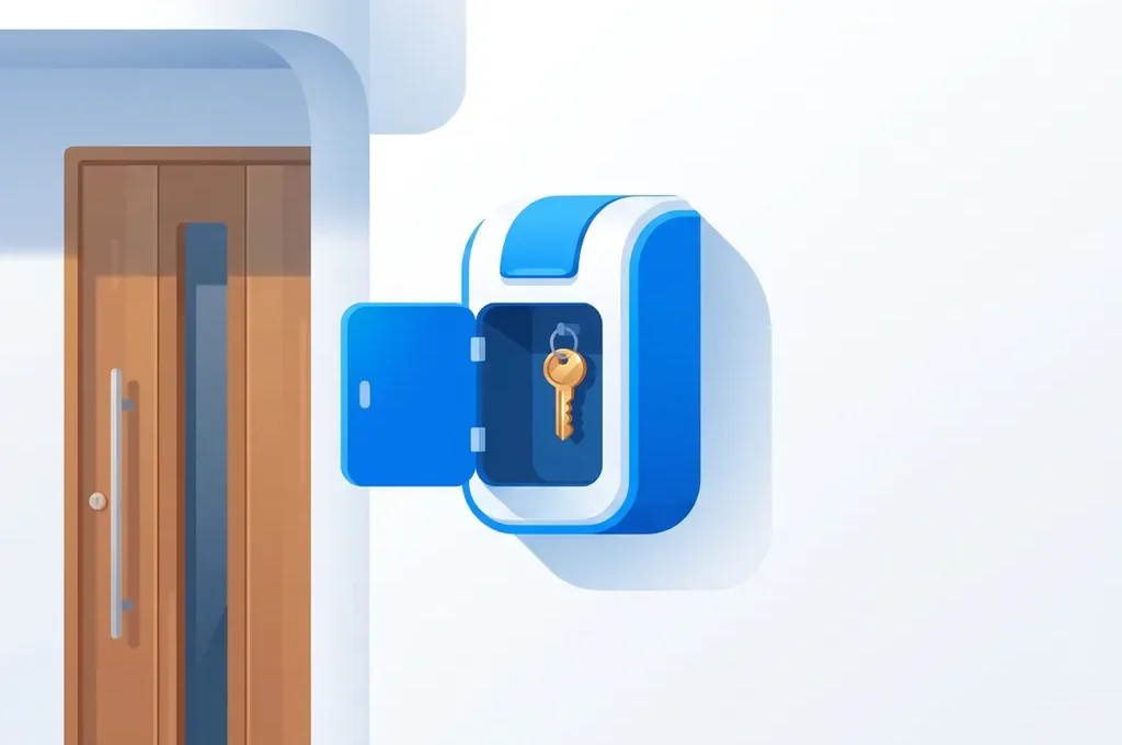 Moderne sleutelkluis op witte buitenmuur naast voordeur vakantiewoning, met messingkleurige sleutel in open compartiment.