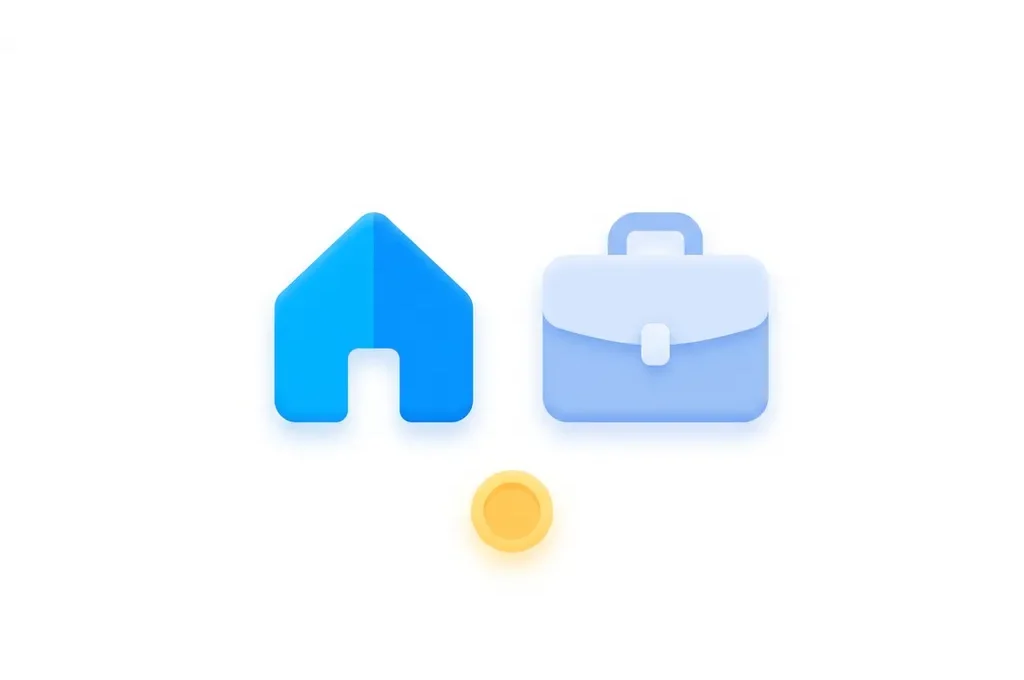 Blauw geometrisch huis naast een klok met geel accent, vlakke illustratie over werk-privébalans in vakantieverhuur.