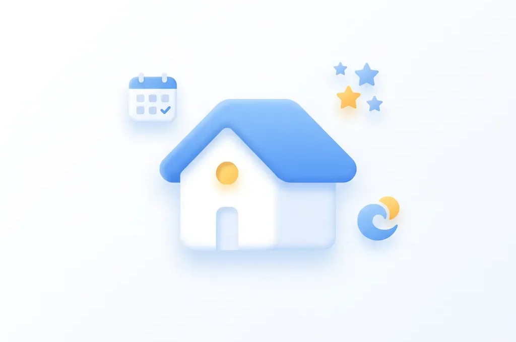 Minimalistisch flat design icoon van een wit vakantiehuis met blauw dak, kalender en sterrenbeoordeling op witte achtergrond.