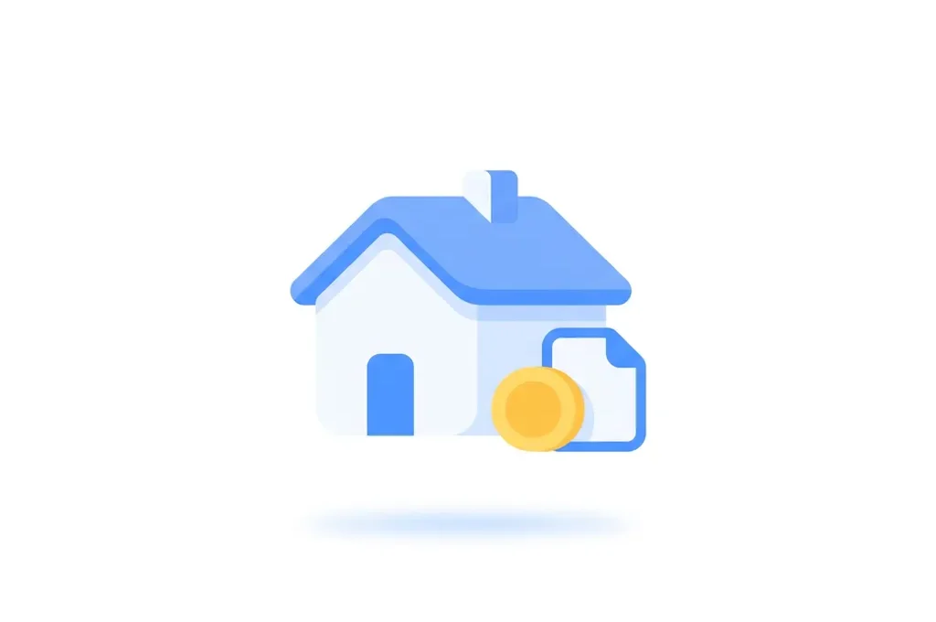 Minimalistisch flat design icoon van wit vakantiehuis met blauw dak, munt en document, op witte achtergrond.