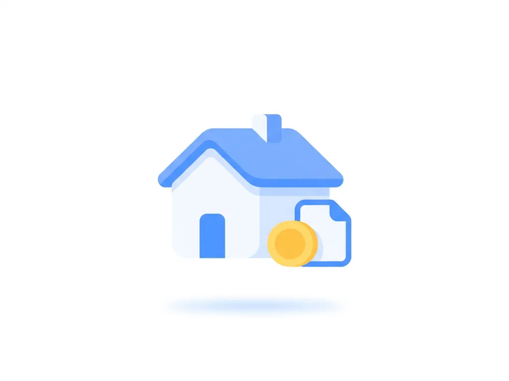 Minimalistisch flat design icoon van wit vakantiehuis met blauw dak, munt en document, op witte achtergrond.