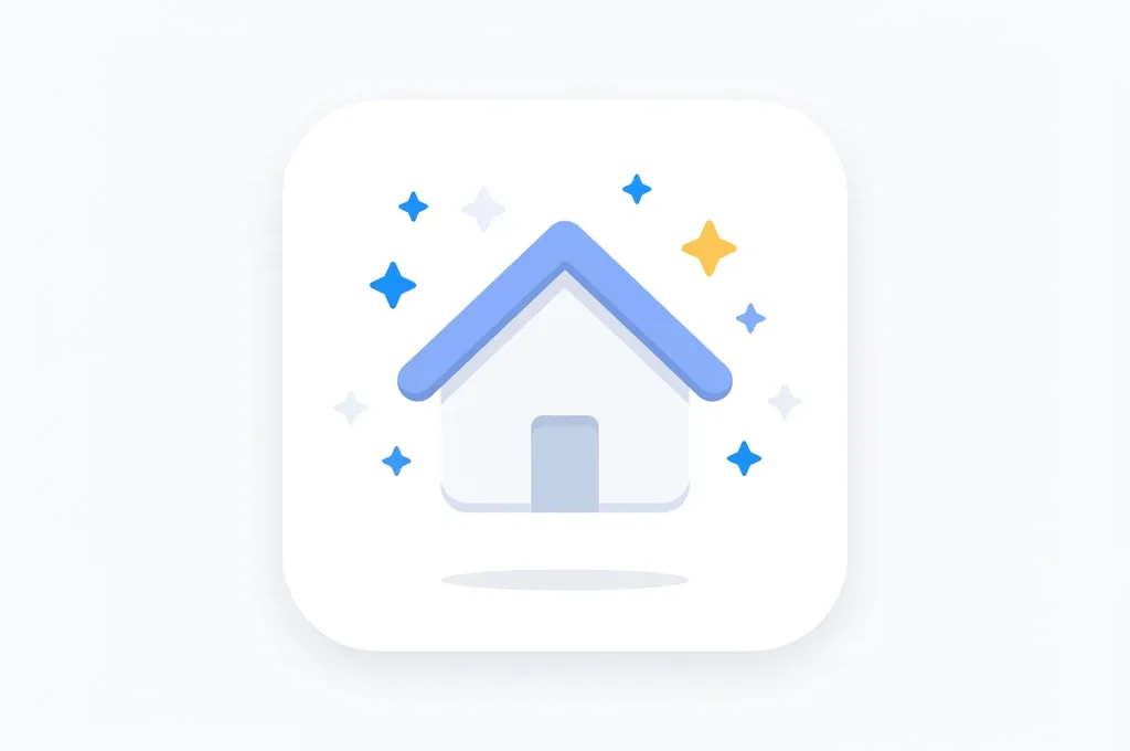 Minimalistisch flat icon van een wit vakantiehuis met blauw dak, omringd door geometrische sterren op witte achtergrond.