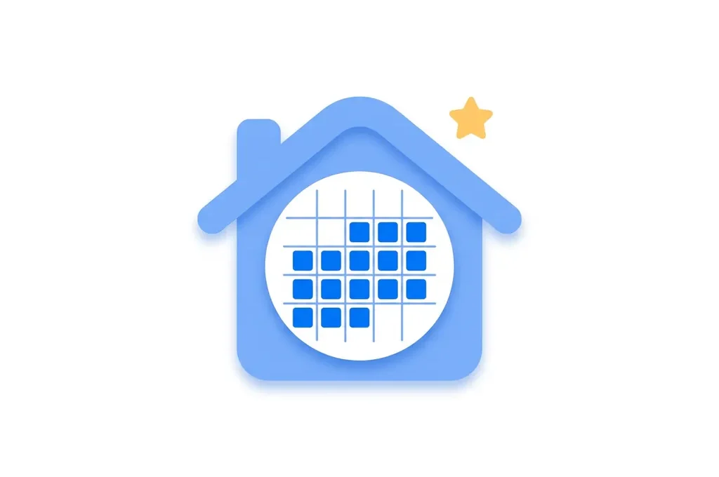 Minimalistisch flat design icoon van een afgerond huis met een kalender op de gevel vol blauwe boekingen en een geel sterretje.