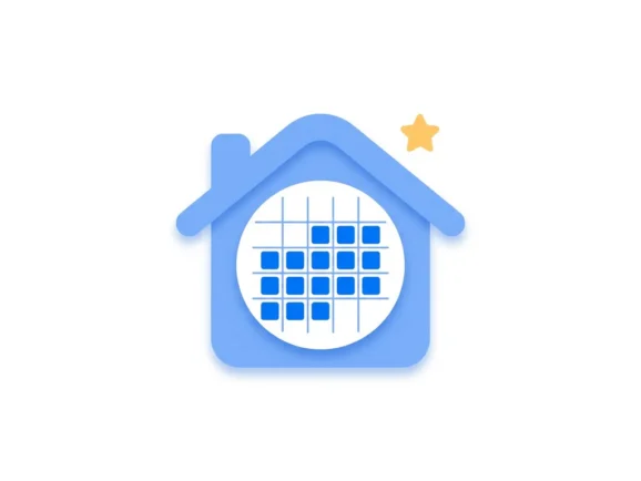 Minimalistisch flat design icoon van een afgerond huis met een kalender op de gevel vol blauwe boekingen en een geel sterretje.