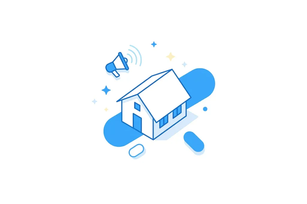Wit vakantiehuisje met blauwe megafoon en signaalbogens in moderne flat-style illustratie.