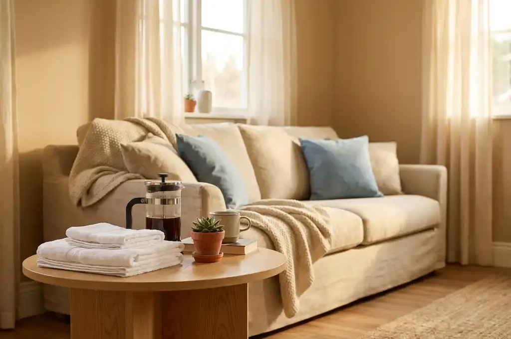 Gezellige woonkamer van een vakantiewoning met linnen bank, gevouwen handdoeken, French press en vetplant op licht eiken bijzettafel.