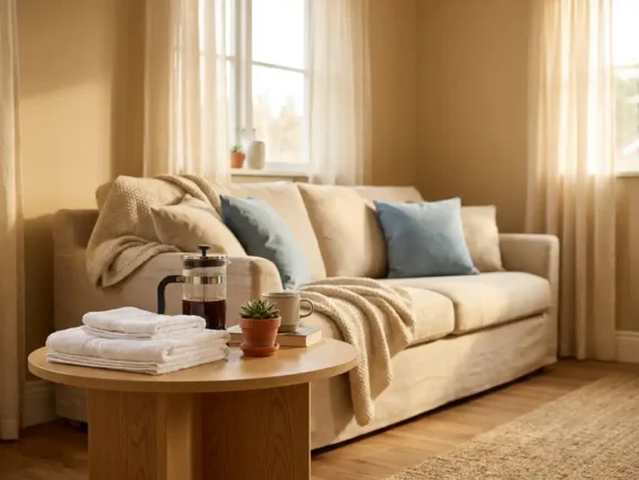 Gezellige woonkamer van een vakantiewoning met linnen bank, gevouwen handdoeken, French press en vetplant op licht eiken bijzettafel.