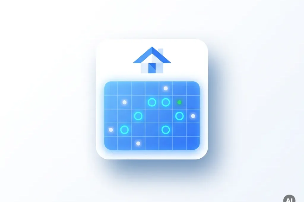 Vlak digitaal kalenderwidget-icoon met blauw beschikbaarheidsraster, huissymbool en groene accentstip op witte achtergrond.