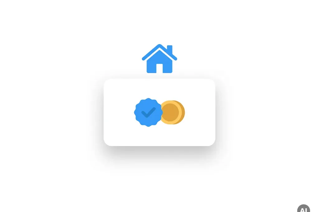 Plat digitaal icoon van een witte boekingskaart met blauwe betalingsstatus-badge, huissymbool en gouden muntaccent.