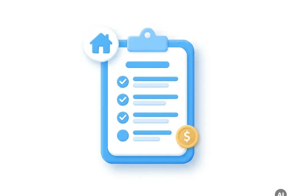 Minimalistische blauwe klembord-illustratie met huis- en muntpictogram op witte achtergrond, moderne flat design stijl.