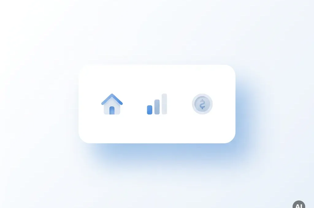 Minimalistische dashboard-kaart met huis-, staafdiagram- en muntpictogrammen in blauw-wit flatdesign.