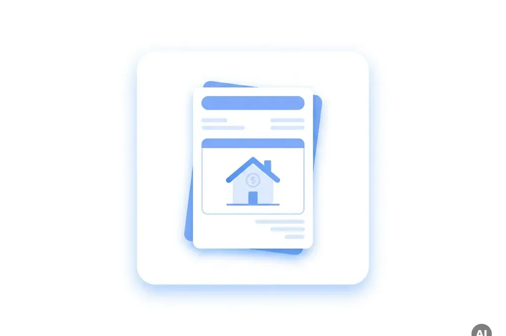 Minimalistische digitale illustratie van een wit factuurdocument met blauw huisicoon en muntsymbool op witte achtergrond.