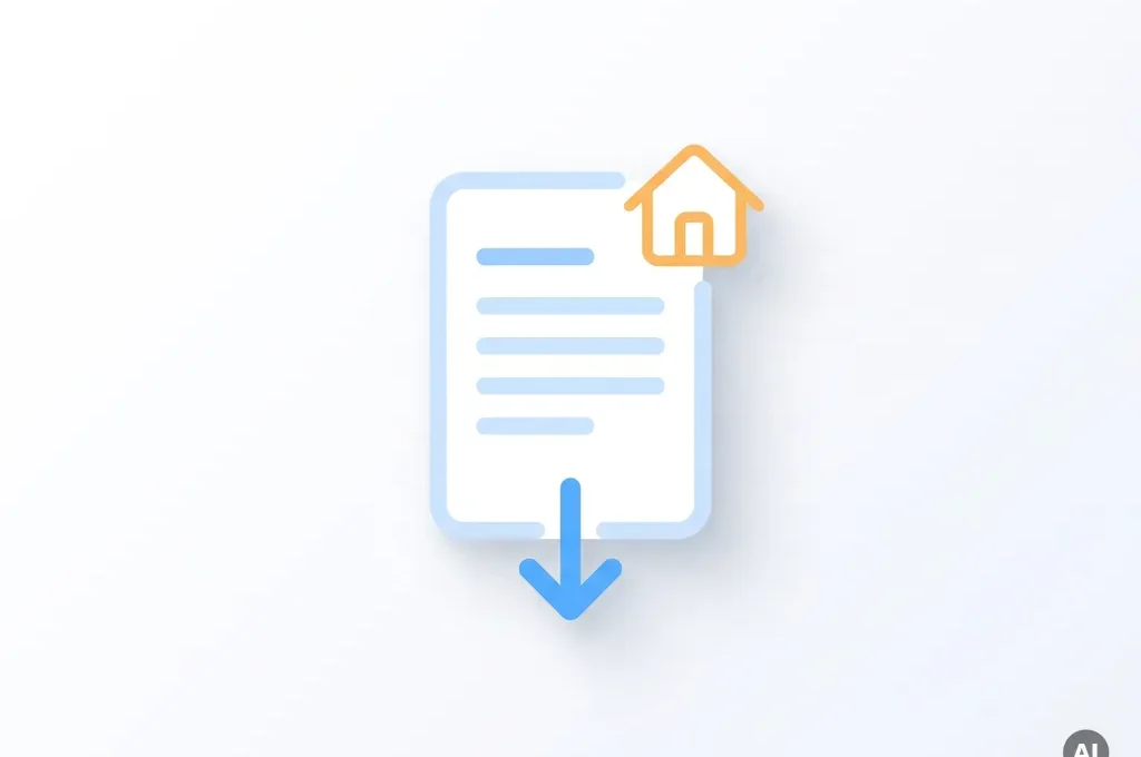 Minimalistisch flat icon van een wit factuurdocument met blauw huis-symbool en exportpijl op witte achtergrond.
