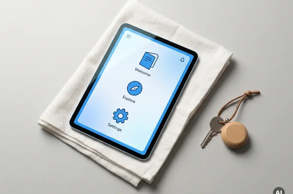 Digitale tablet met gloeiende gastportaal-interface op gevouwen witte linnendoek naast een minimalistische vakantiehuis sleutel met houten hanger.