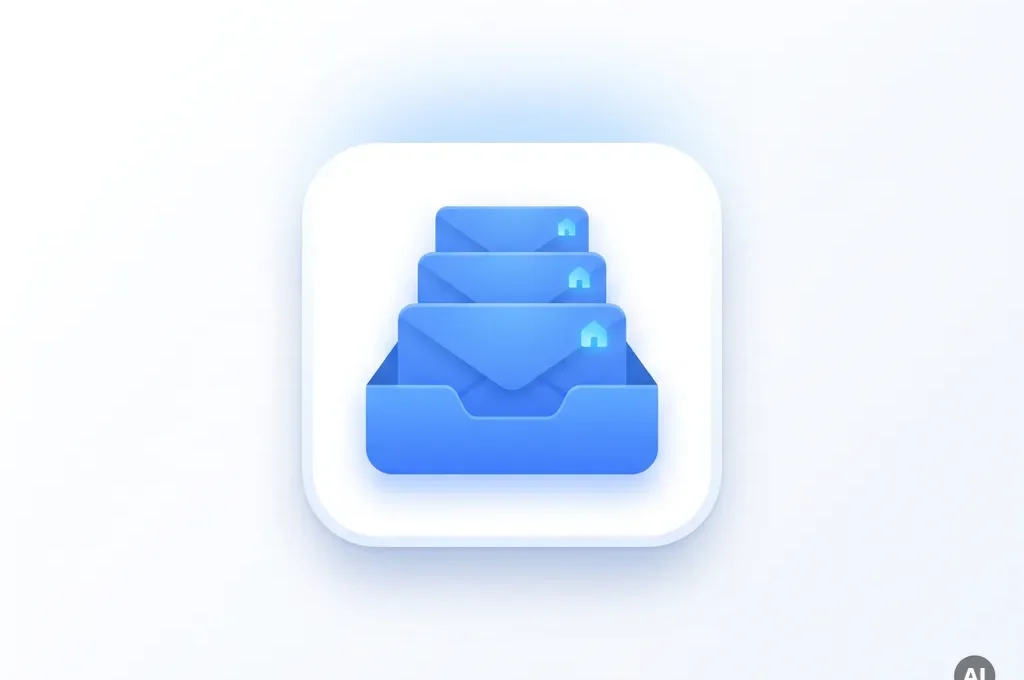 Flat digitale illustratie van één gecentraliseerde inbox met blauwe notificatiebadges en kleine huissymbolen op witte achtergrond.