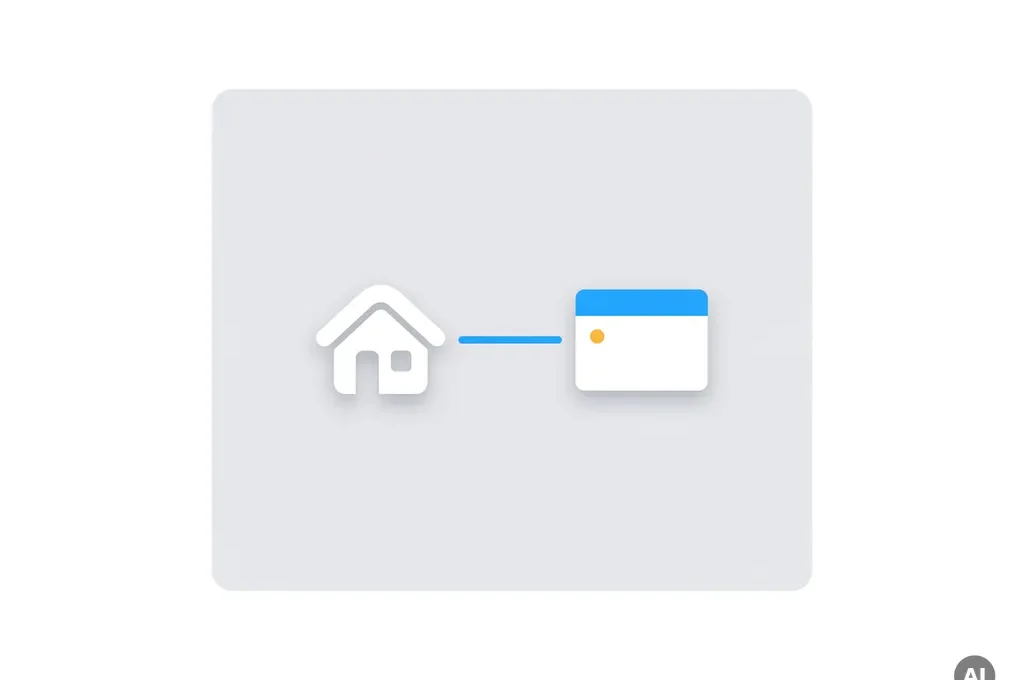 Minimalistisch flat icon van een wit huis verbonden via een blauwe lijn met een dashboard-kaart symbool op witte achtergrond.