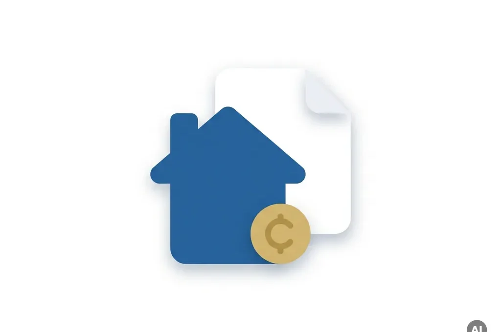 Blauw minimalistisch huispictogram overlappend met wit document en gouden muntaccent op witte achtergrond.