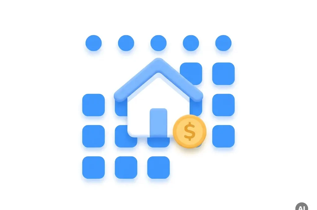 Minimalistisch flat icon van een wit huis met blauw dak, kalender en gele munt op witte achtergrond.