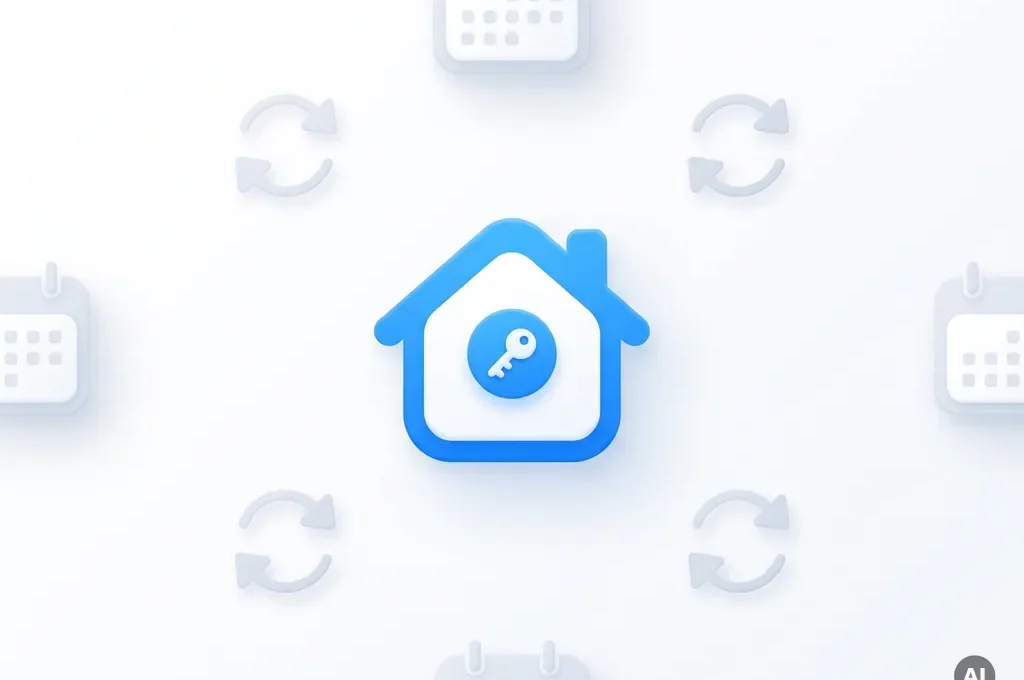 Minimalistisch flat design icoon van een blauw huis met sleutelsymbool, kalender en synchronisatiepijlen op witte achtergrond.