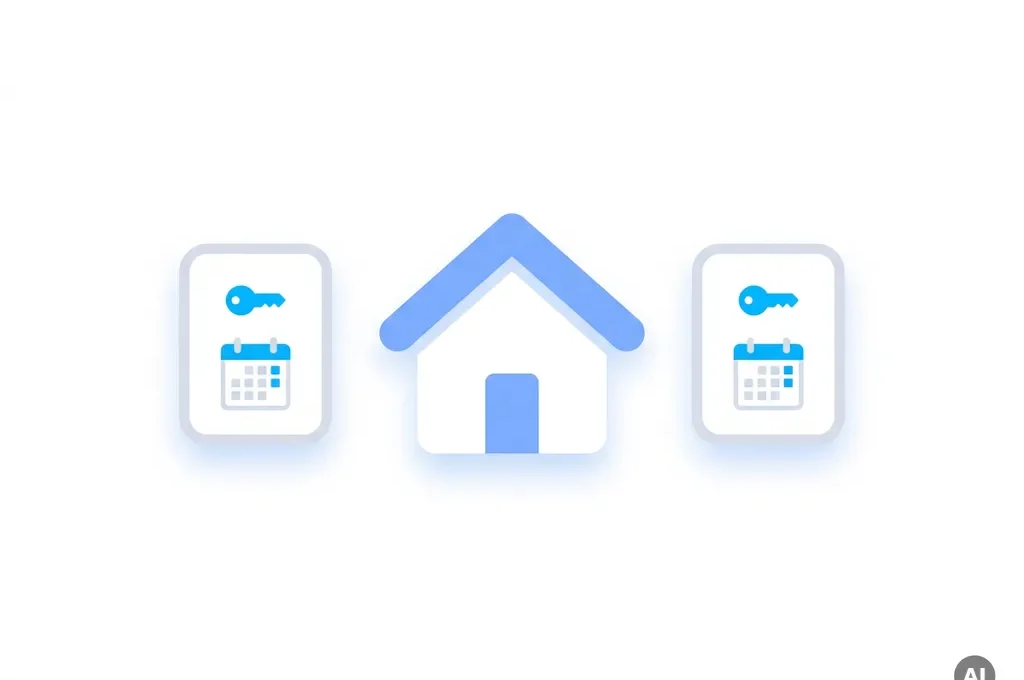 Wit huis icoon met blauw dak, geflankeerd door twee vastgoedkaarten met sleutel- en kalendersymbool, moderne flat design illustratie.
