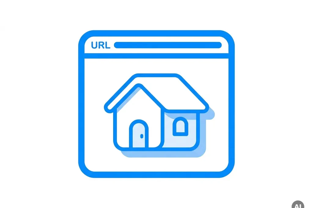 Wit huis icoon gecombineerd met blauw browservenster op witte achtergrond, moderne flat design illustratie.