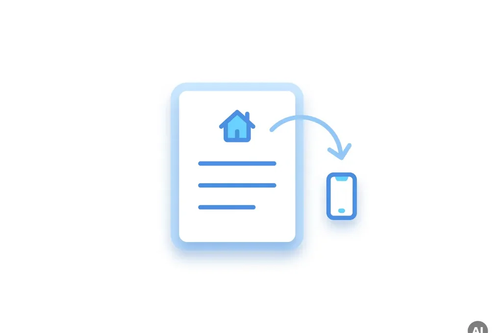Platte digitale illustratie van een wit document met huisregels, een minimalistisch huisicoon en een pijl naar een smartphone, in blauw-wit kleurenschema.