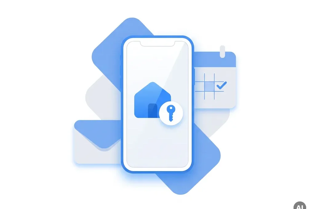 Witte smartphone met huis- en sleutelpictogram, envelop en kalender in platte digitale illustratiestijl, blauw-wit kleurenschema.